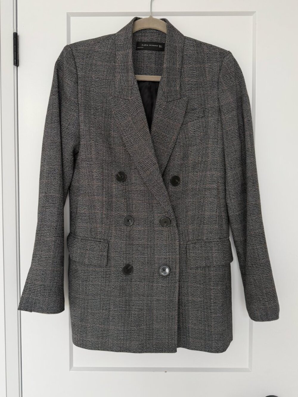 Zara Woman Grey Plaid Double Breasted Blazer